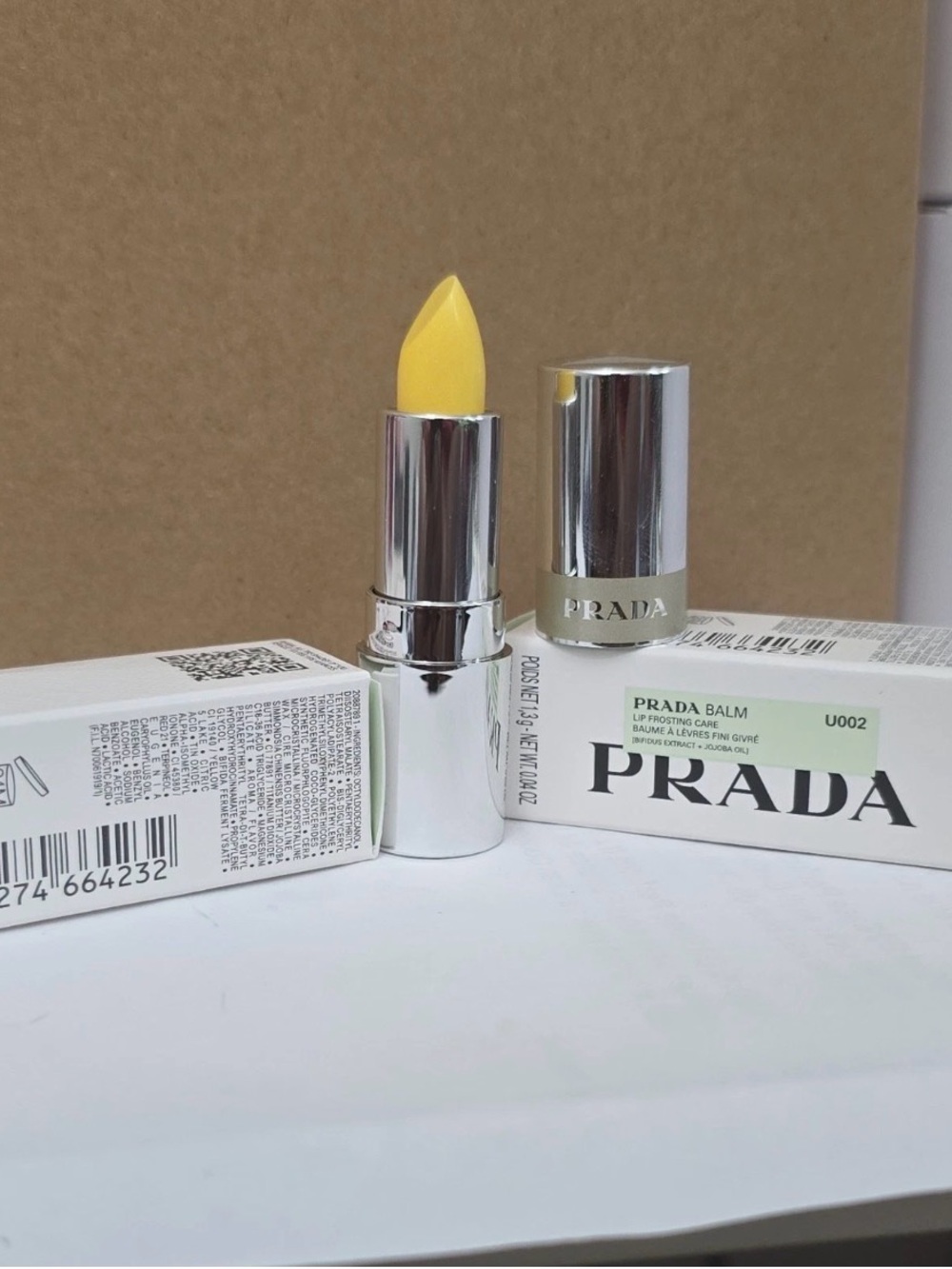 PRADA Balm Mini Lip Balm Stick Banana Yellow U002 0.04 oz Bifidus Jojoba NIB